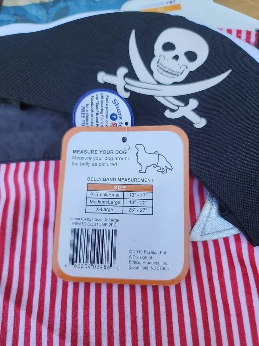 Fashion Pet Halloween Pirate Hat & Belly Band W/Sword Dog Pet Sz XL Costume
